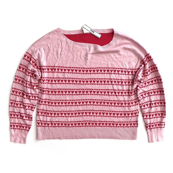 PINK Victoria's Secret Sweater Off Shoulder Pink Ivory Heart Loose NWT Small S - Picture 1 of 3